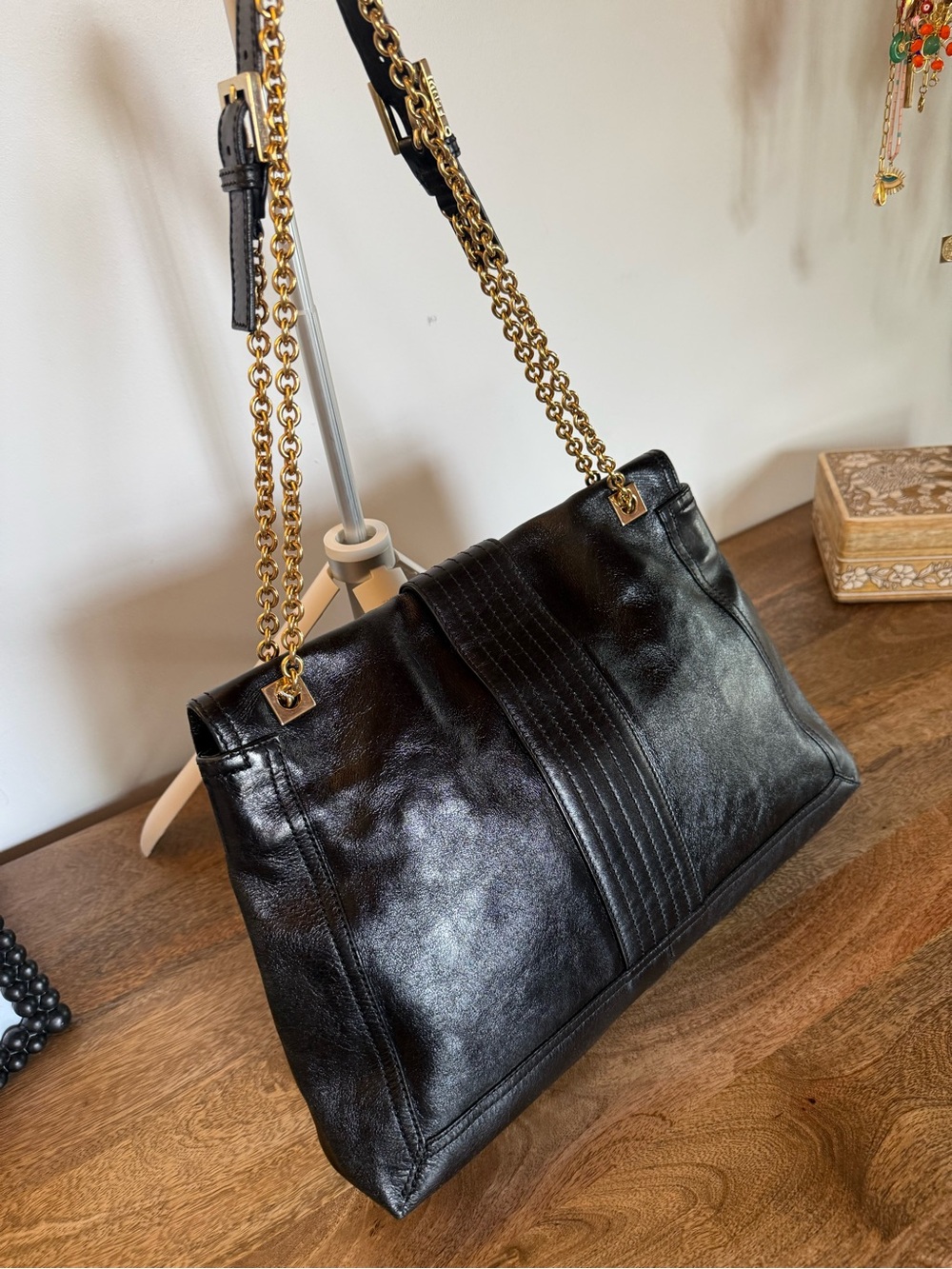 Rare Vintage Fendi Black Leather FF Flap Bag Gold Chain Shoulder Strap - Picture 11 of 17